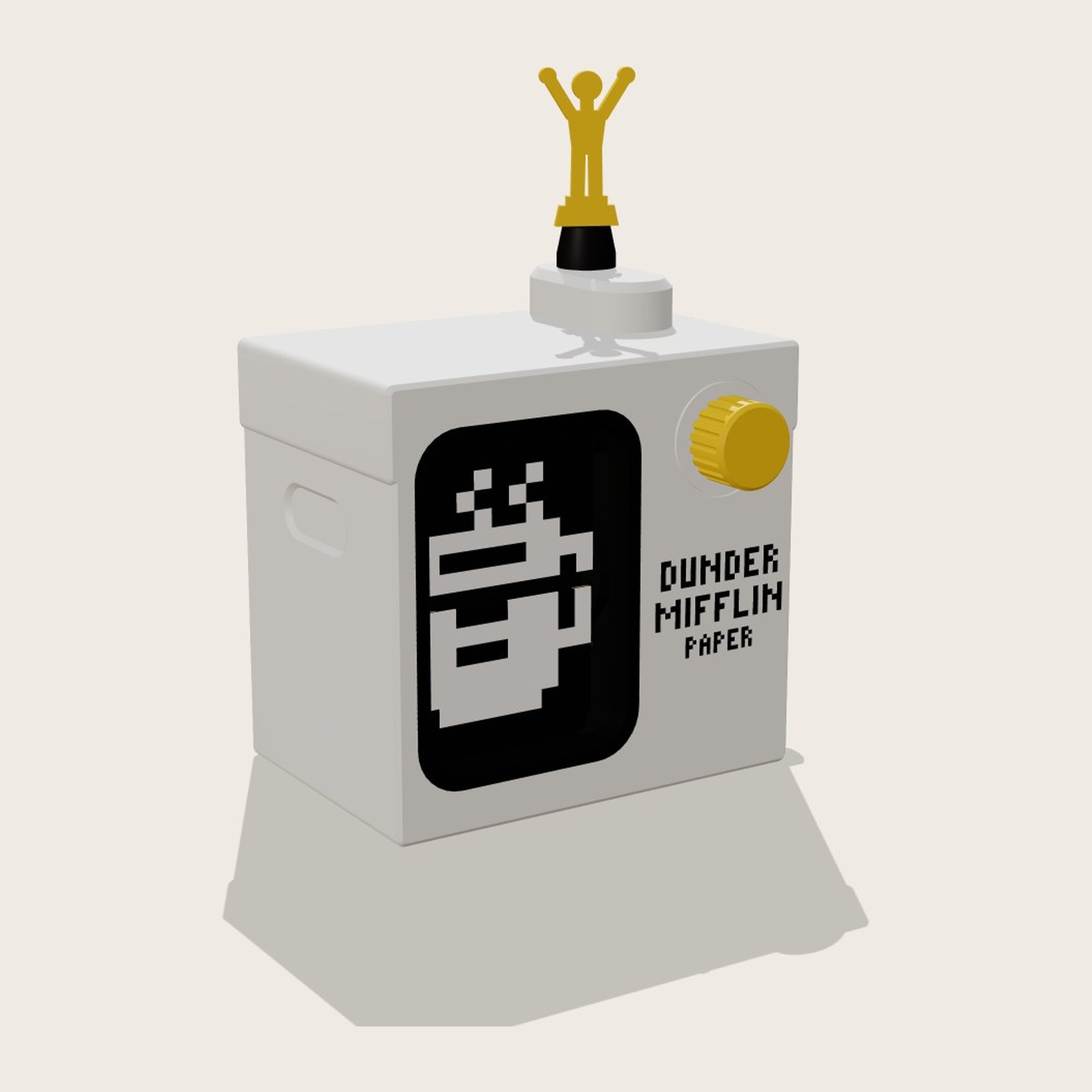 White paper-box flap TV with yellow trophy