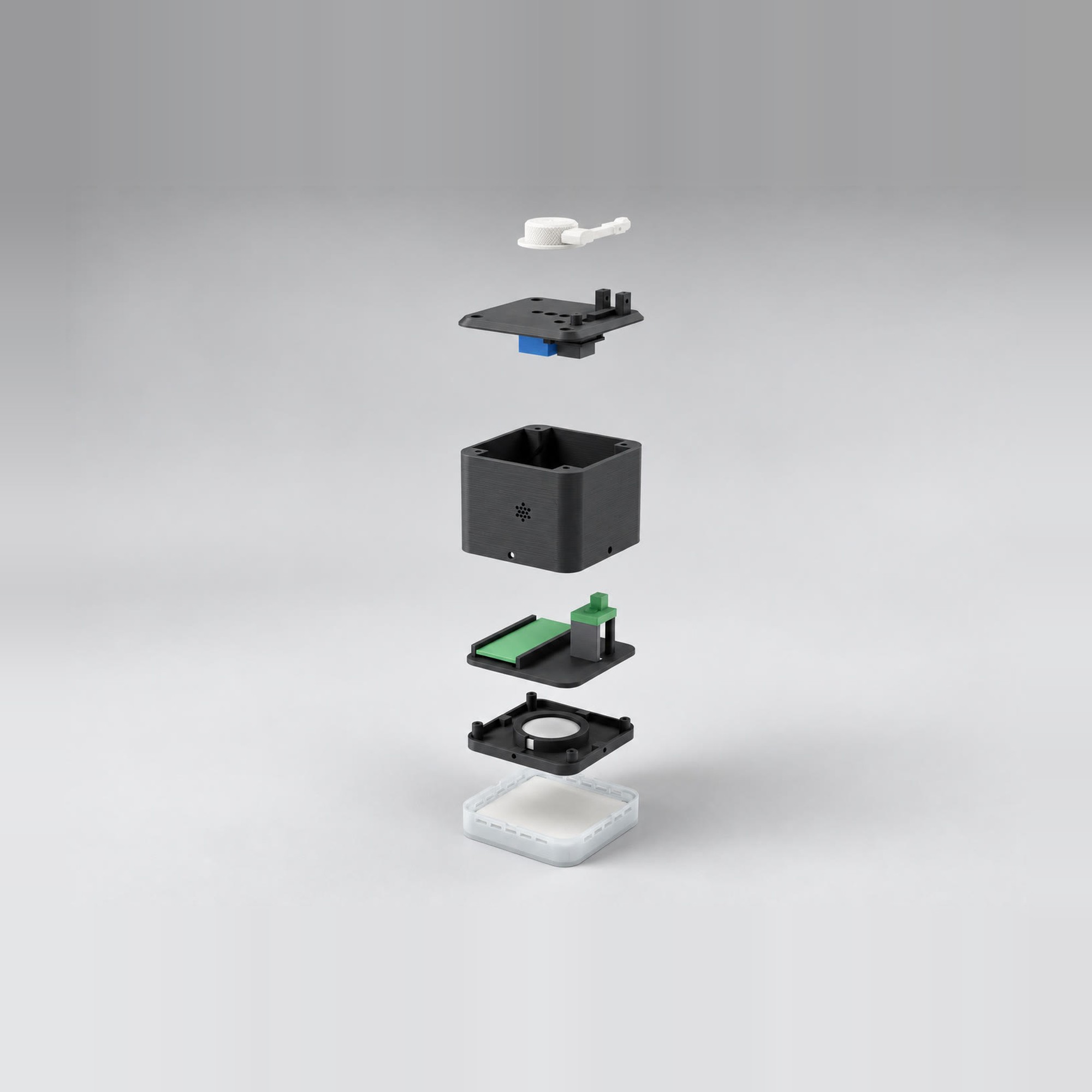 Exploded render of the printed parts