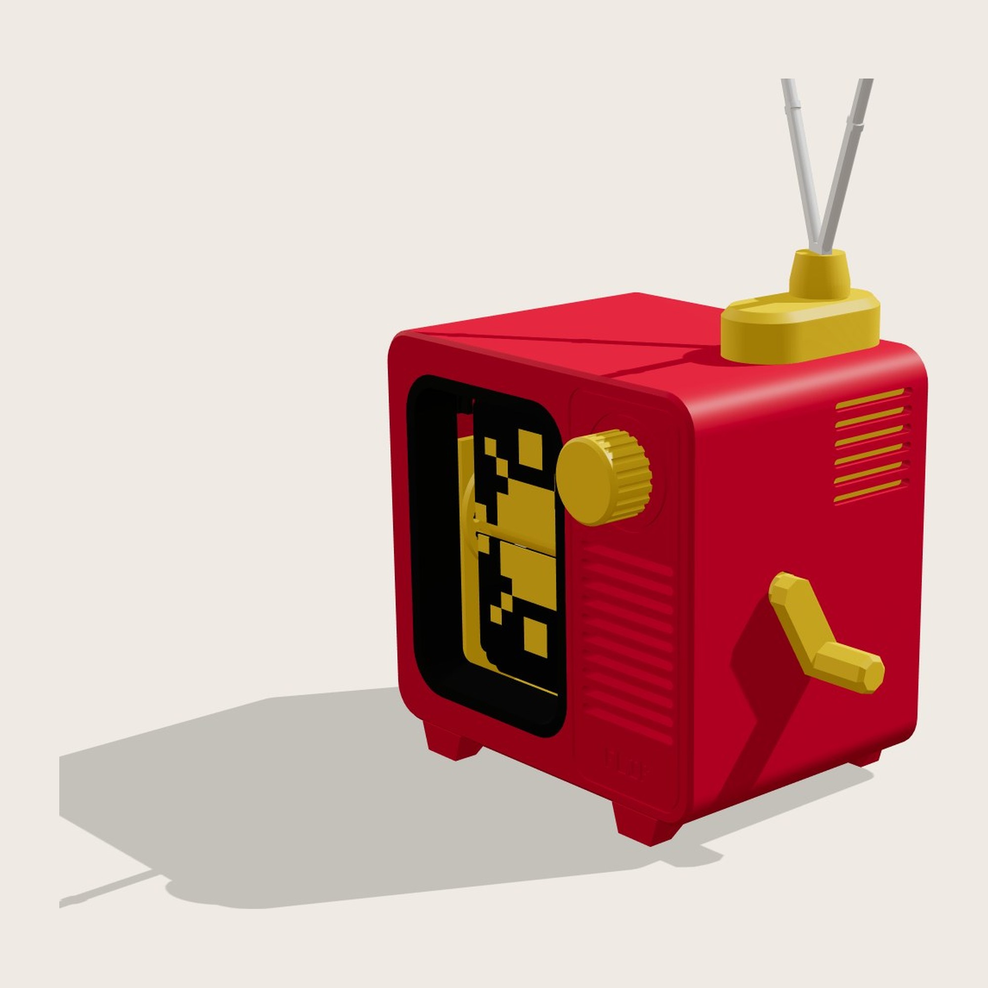 Red retro flap TV, crank on the right, rabbit ears on top