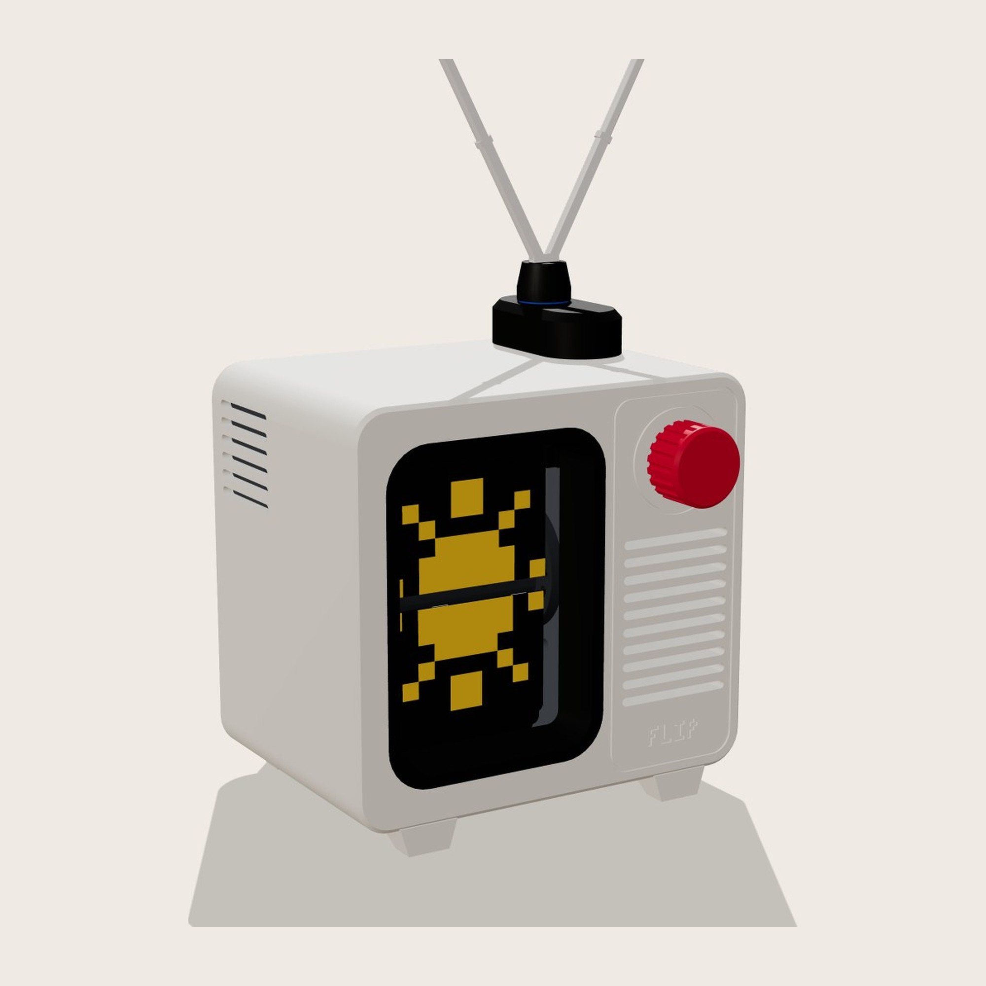 White weather flap TV, red knob, rabbit ears