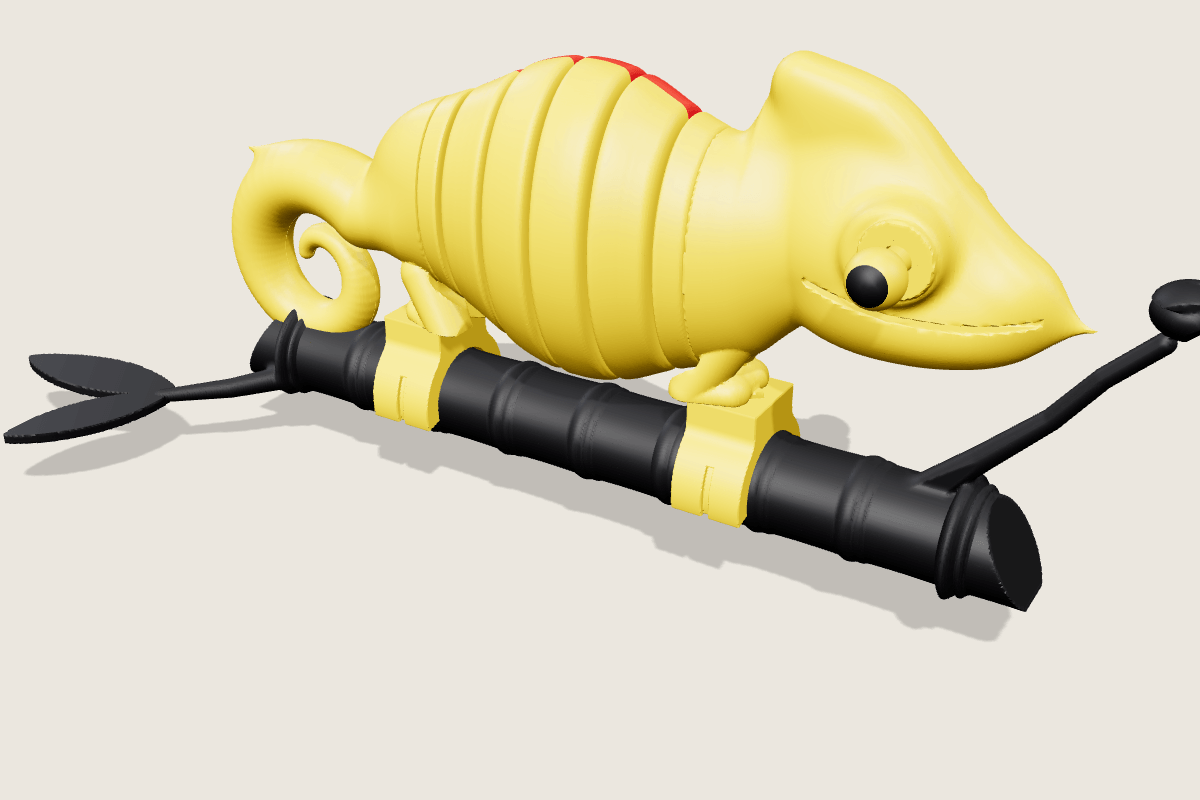 Yellow chameleon on a black bamboo twig, a fly in front of its nose