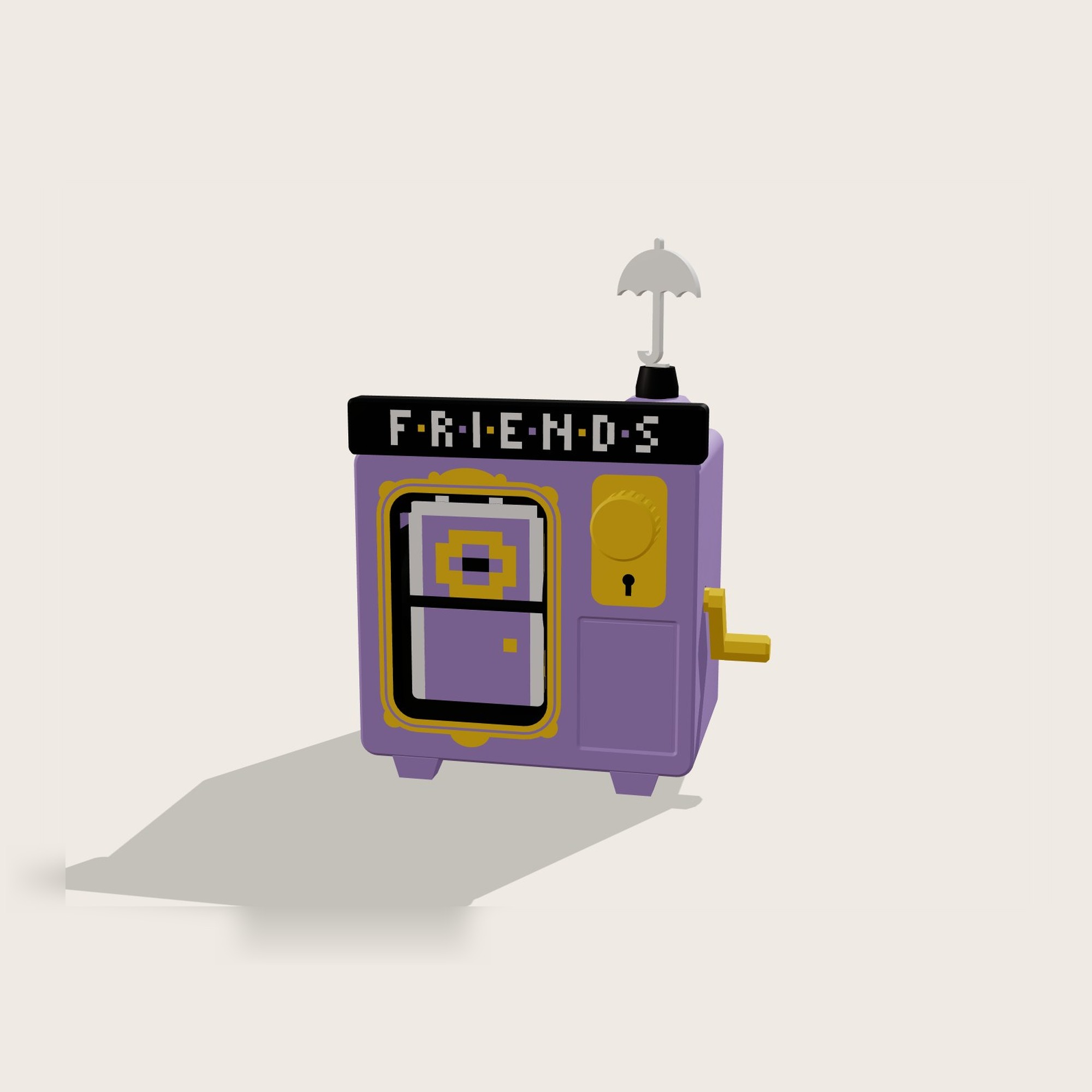 Purple door flap TV with yellow frame and umbrella